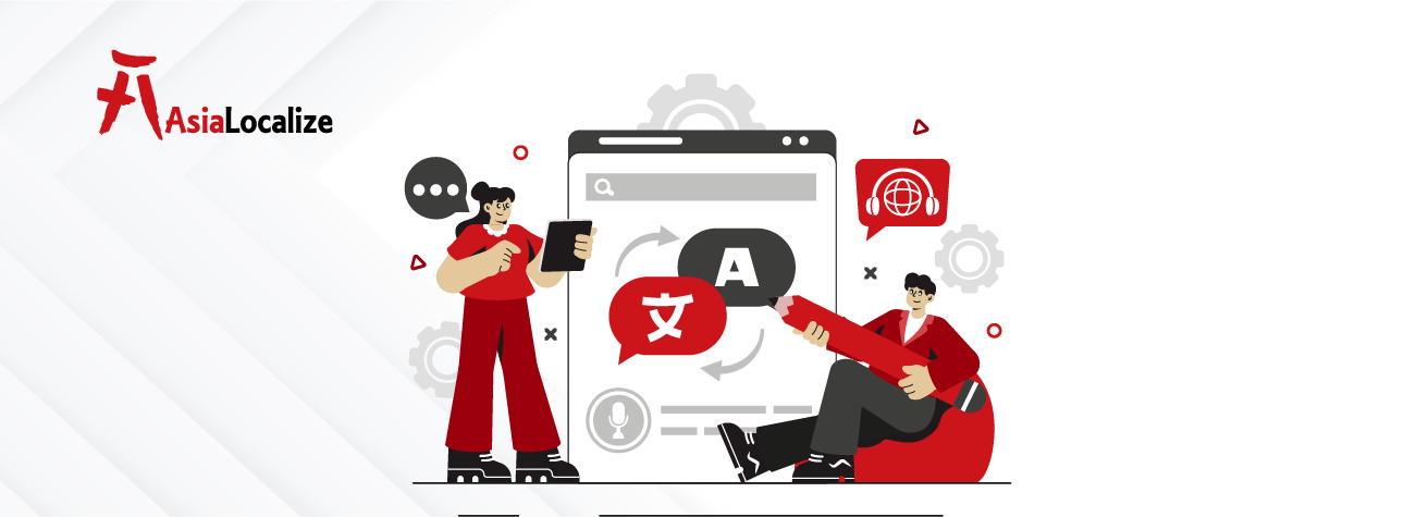 localization workflow illustration showing two professionals managing multilingual content translation between languages on a digital interface