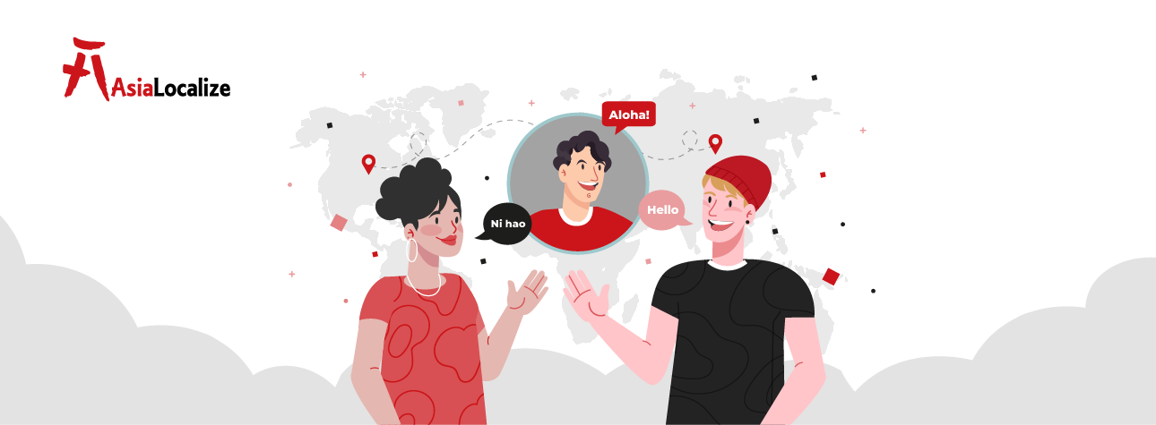 Global team members discussing multilingual communication across languages