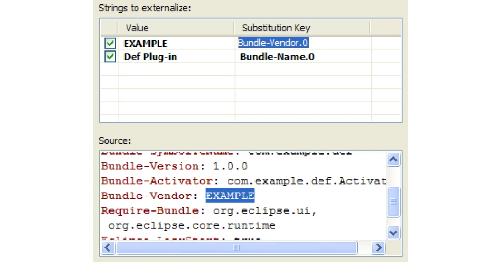 Localization engineering example showing extracted UI strings