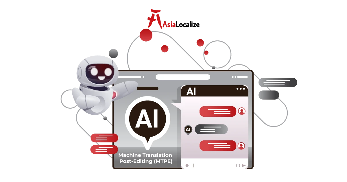 Machine translation post-editing workflow with AI output, human review, terminology checks, and quality assurance