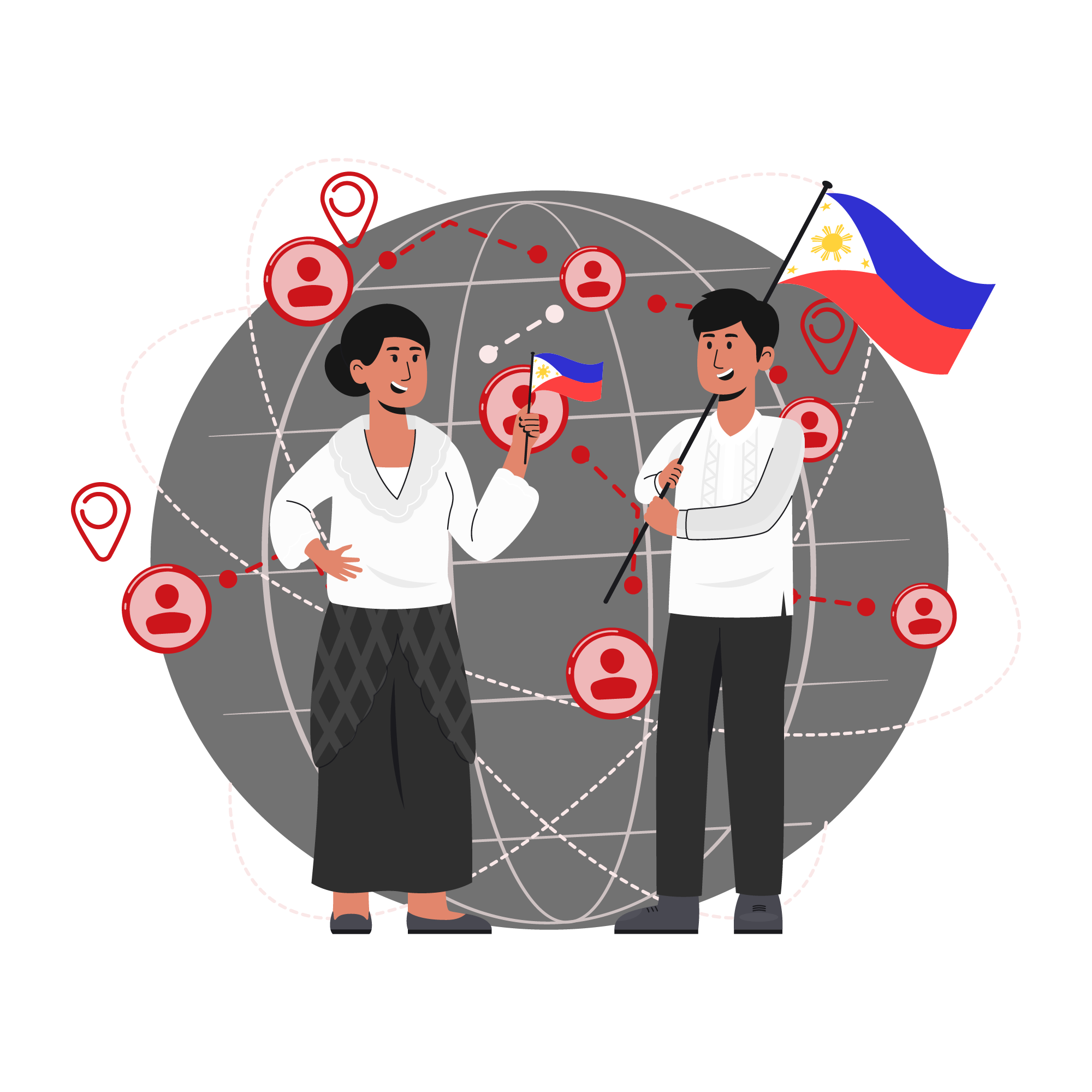 Two Cebuano speakers holding Philippine flags on a connected globe, representing outreach in Visayas and Mindanao.