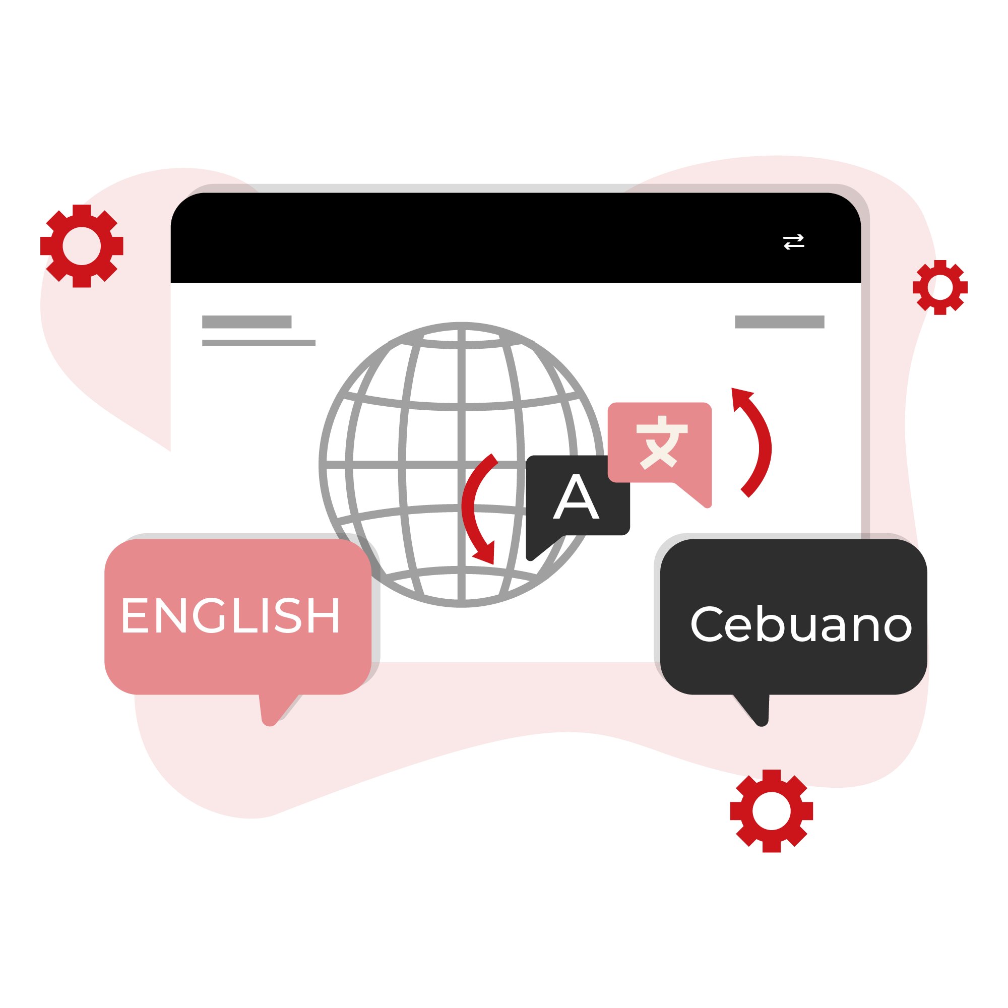 English-to-Cebuano translation shown on screen with bilingual speech bubbles and arrows.