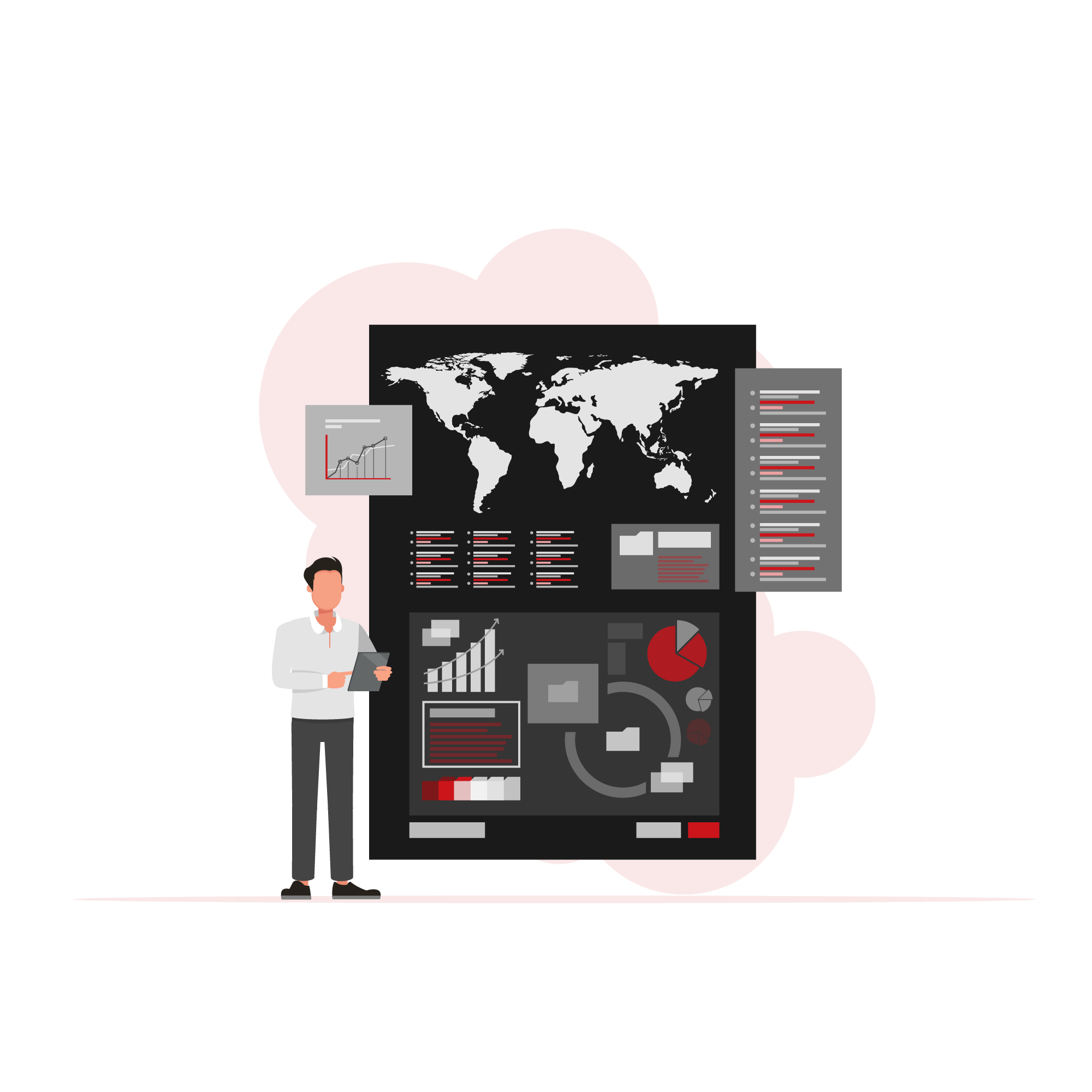 Quality workflow dashboard with global analytics and checkmarks, representing Cebuano translation quality control.