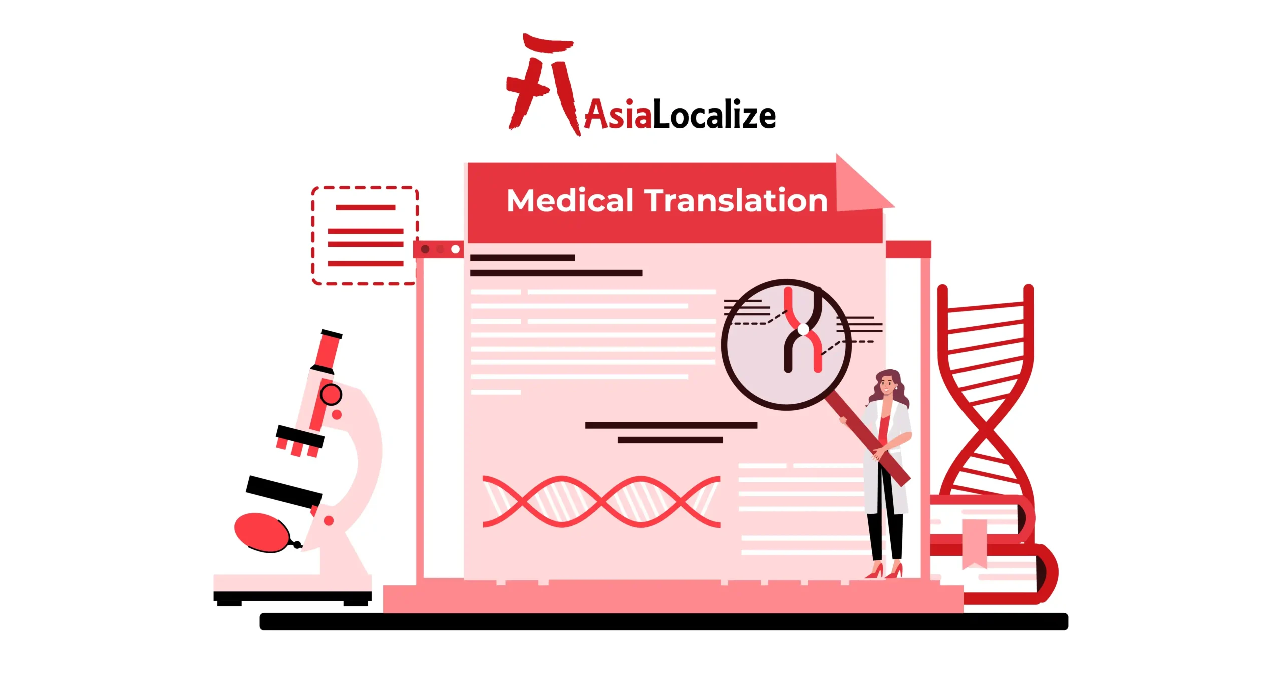 Medical translation terminology document with healthcare symbols and a magnifying glass