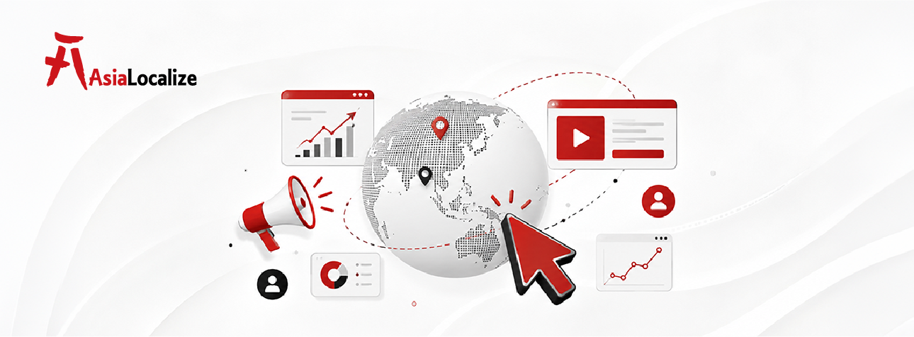 Multilingual PPC campaign illustration with a globe, ad click cursor and performance charts