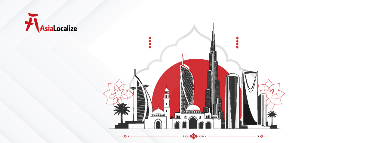 Arabic transcreation for GCC markets illustrated by a Gulf city skyline