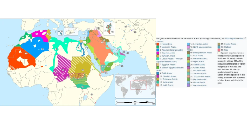 Map of Arabic dialect regions across North Africa and the Middle East, including Gulf, Levantine and Egyptian Arabic
