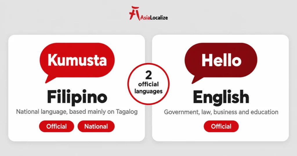 Official languages of the Philippines: Filipino, based on Tagalog, and English