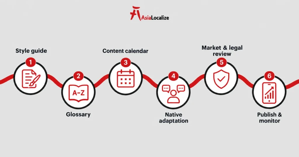 Six-step social media localization workflow from style guide to publishing