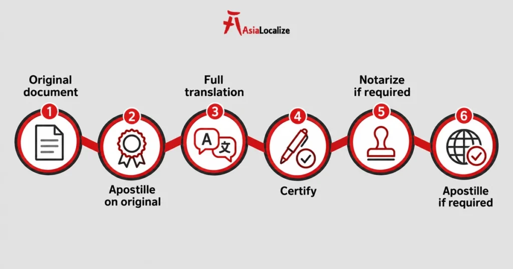 Order of steps to translate, certify, notarize and apostille documents for use abroad