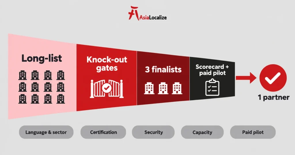 Translation agency selection funnel from long-list and knock-out gates to one partner