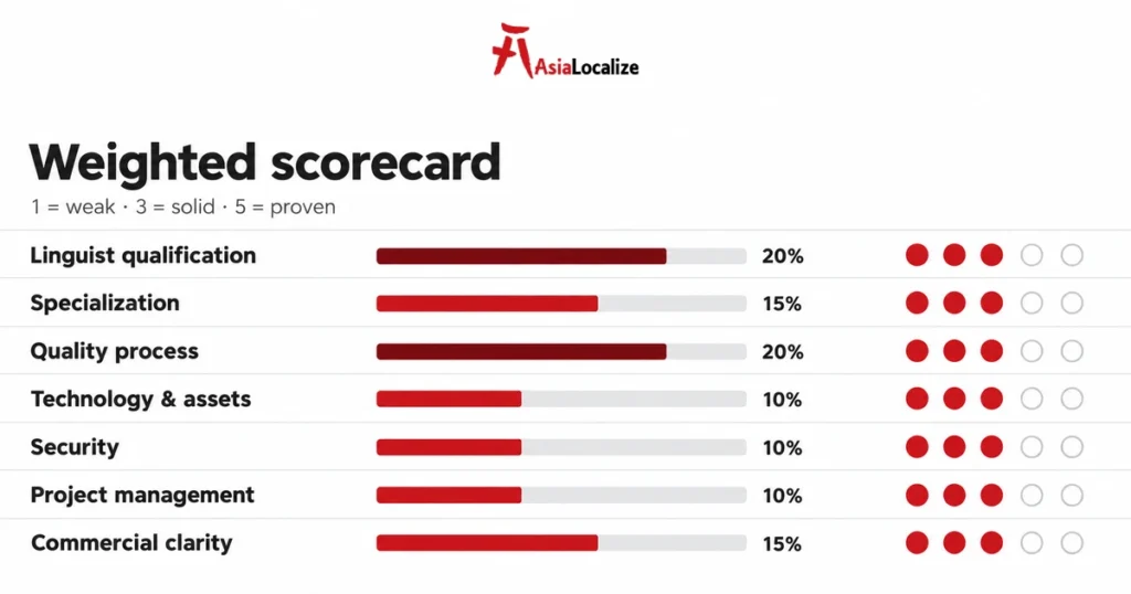 Weighted scorecard for choosing a translation agency, with seven criteria and weights