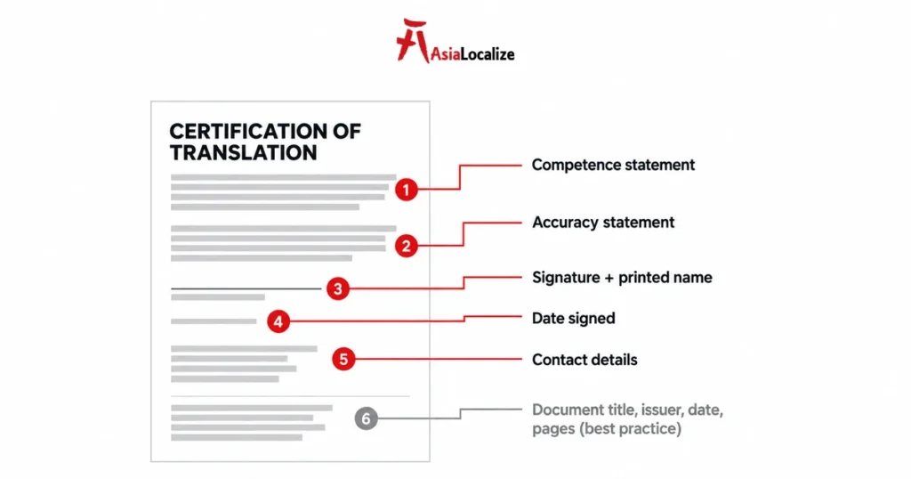 Sample USCIS translation certification statement with the required elements labelled