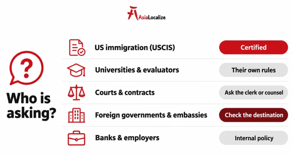 Who requires a certified or notarized translation, from USCIS to foreign embassies