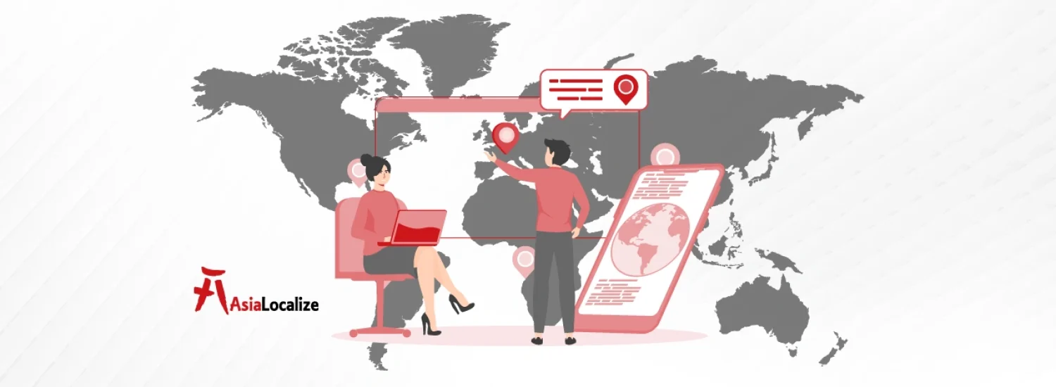 Localization strategy concept illustration showing global map, target markets, and localization workflow icons