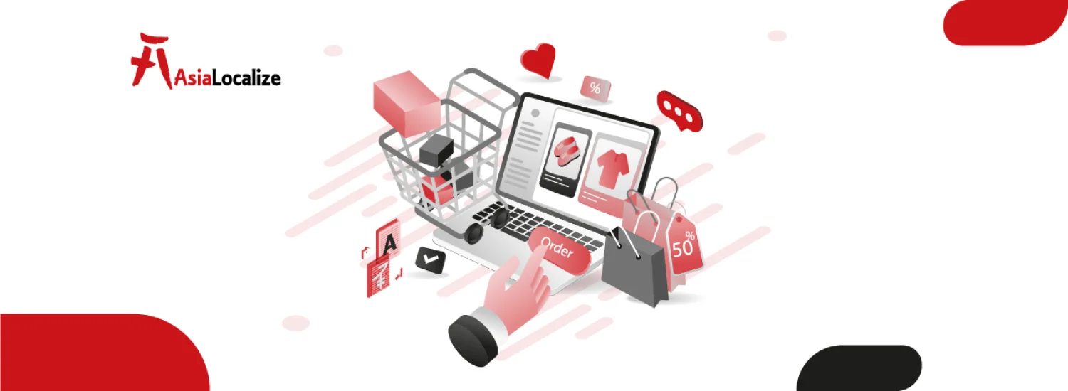 Illustration of multilingual e-commerce translation with a shopping cart and language icons