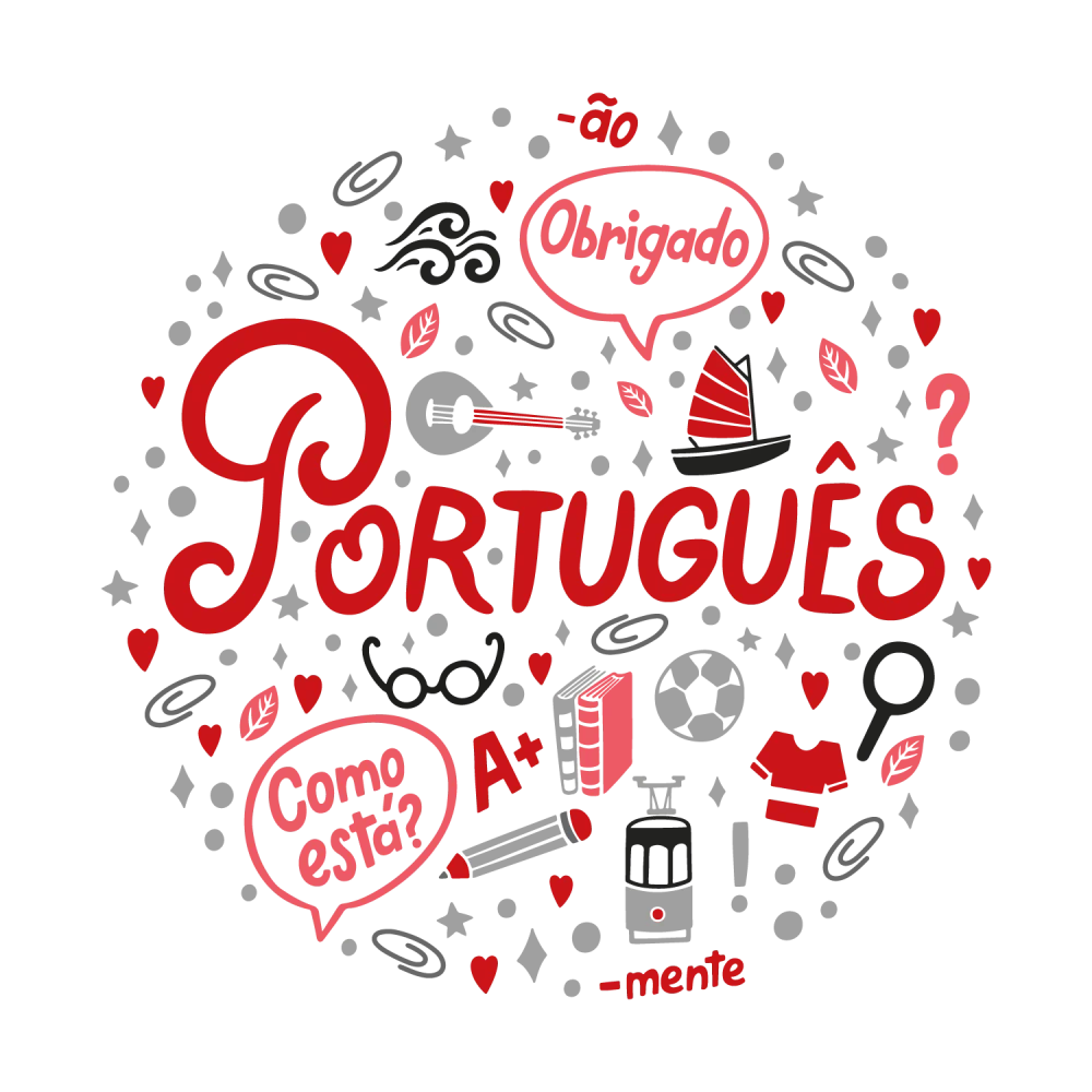 Portuguese language collage with words like Obrigado and Como está—culture and vocabulary overview.