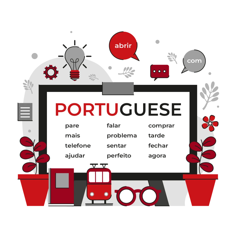 Monitor showing Portuguese vocabulary and icons—reasons to invest in Portuguese translation.