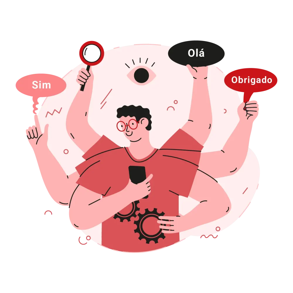 Multi-armed character with Portuguese words—innovative translation solutions.