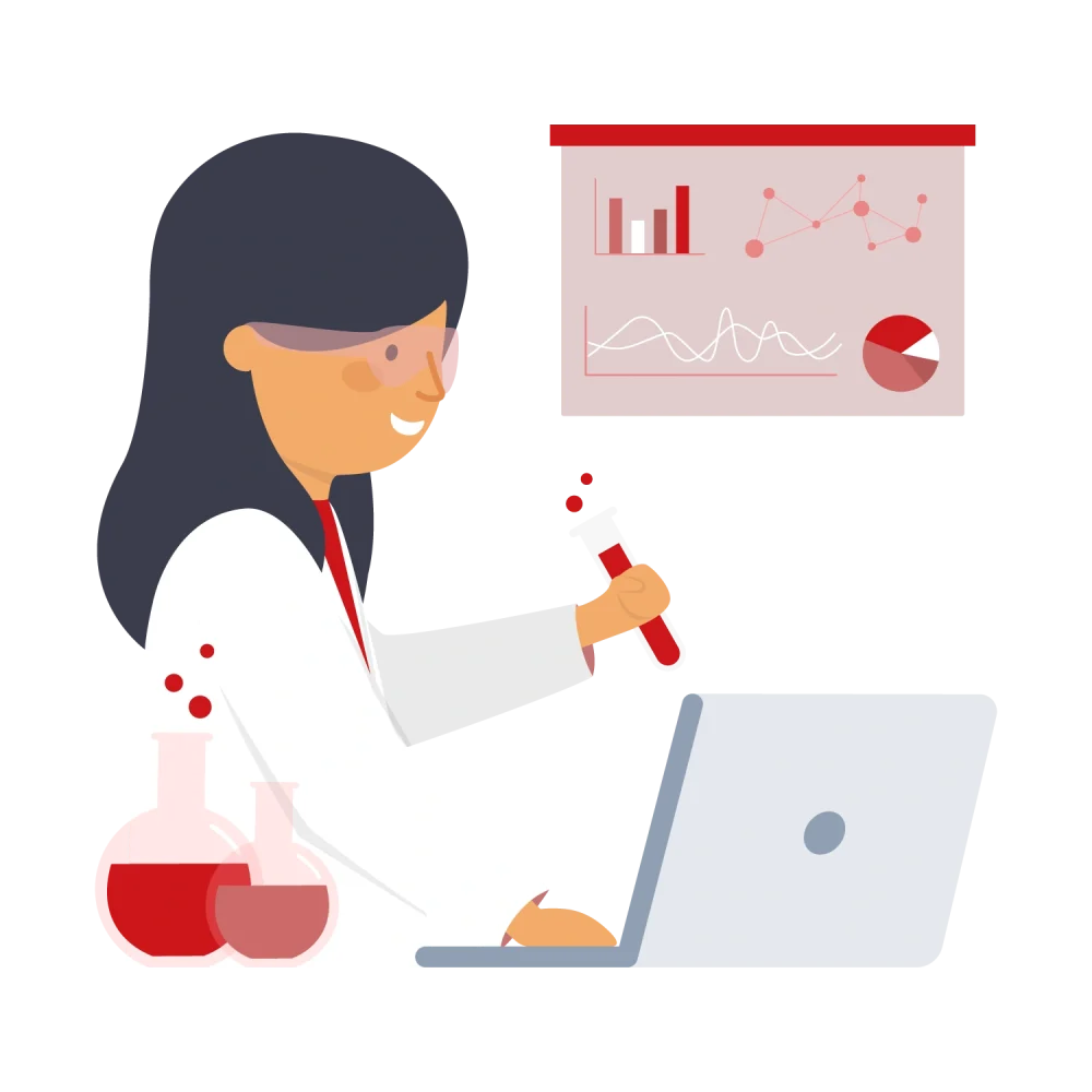 09 – Leveraging Technology for Efficient Chemical Translations Cartoon scientist using a laptop and analytics dashboard to leverage technology for efficient chemical translations