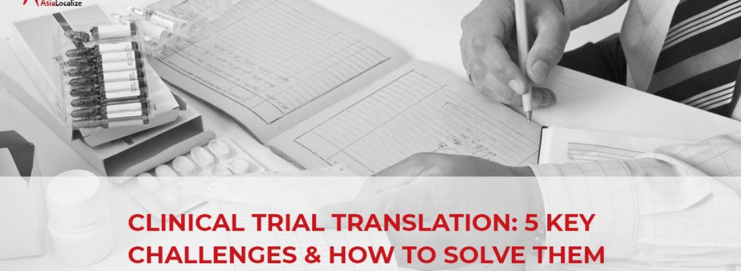 A title slide for an article or presentation titled "Clinical Trial Translation: 5 Key Challenges & How to Solve Them," focusing on addressing difficulties in translating clinical trial materials and providing solutions.