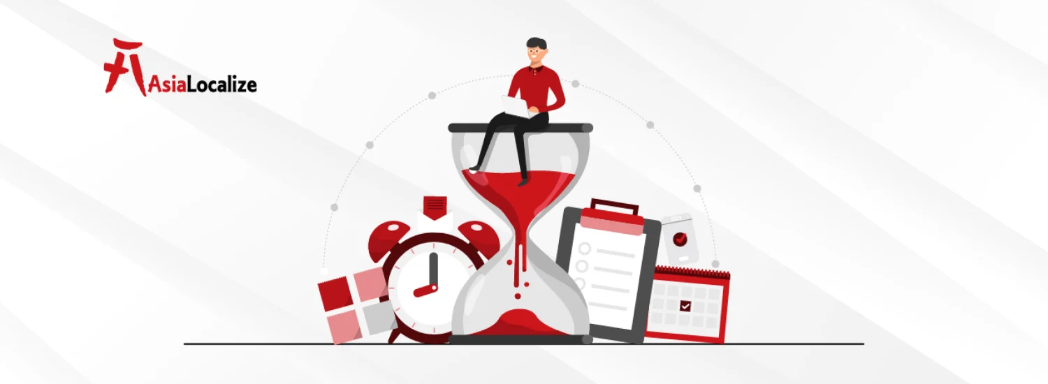 Illustration of a person sitting on an hourglass surrounded by time-related icons and AsiaLocalize logo