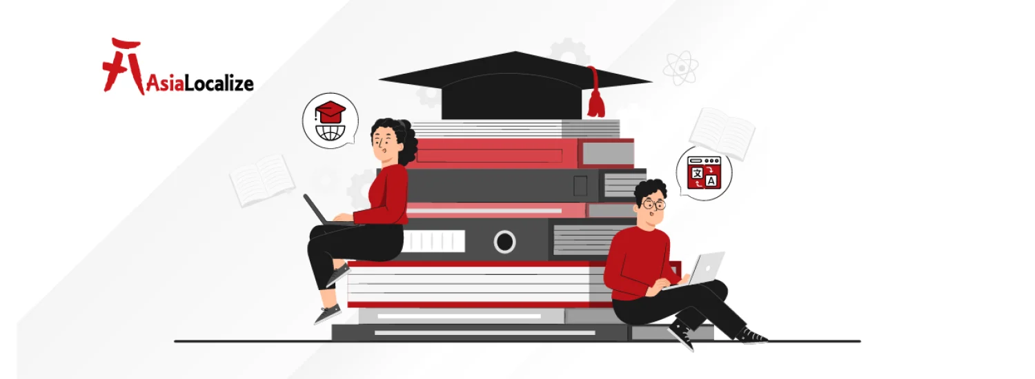 Two students studying with laptops near a stack of books, representing scientific research translation by AsiaLocalize