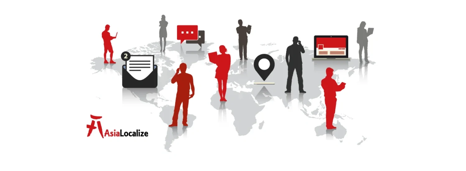 Illustration of people using mobile devices worldwide to represent global communication and localization services.