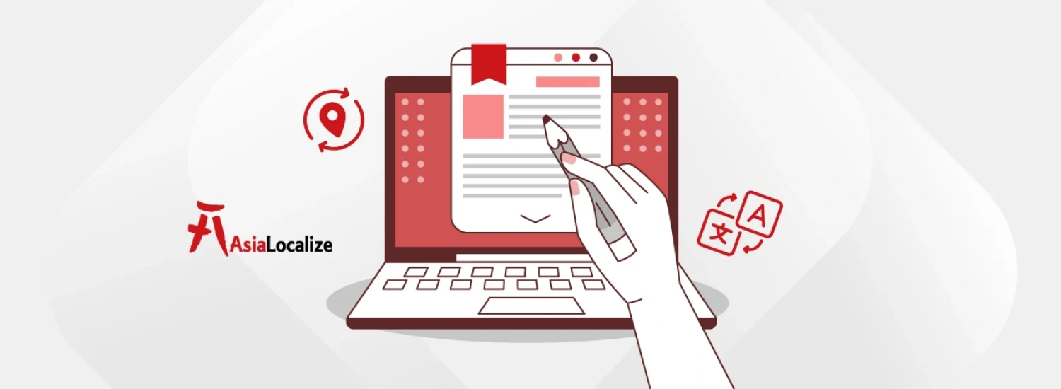 Illustration of a hand editing content on a laptop screen with translation and localization icons.