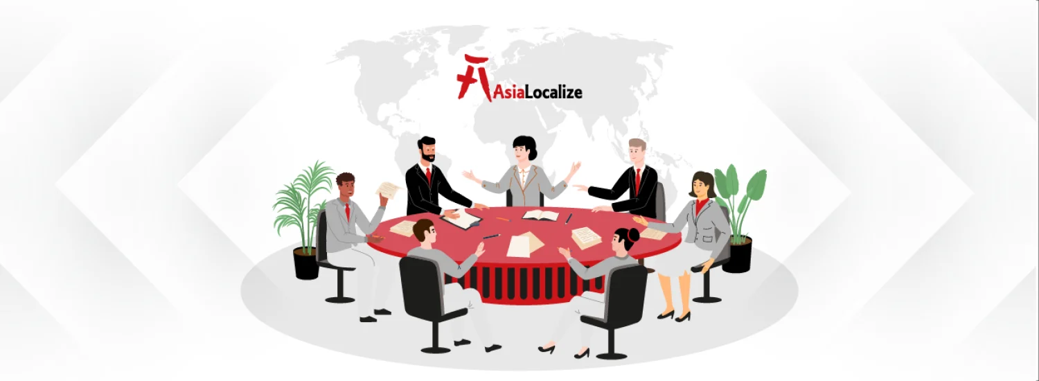 Diverse executives in a round-table meeting with world map backdrop and AsiaLocalize logo, discussing global strategy.