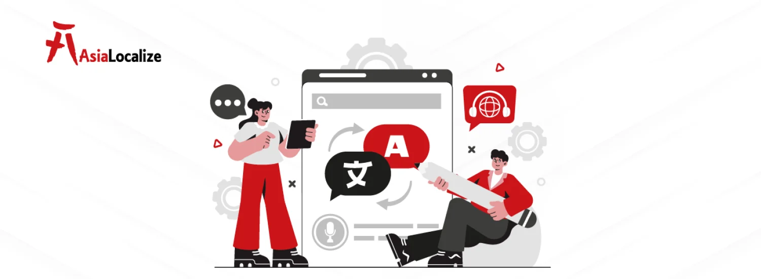 Translation and localization illustration with two people and a browser showing multilingual chat bubbles and microphone