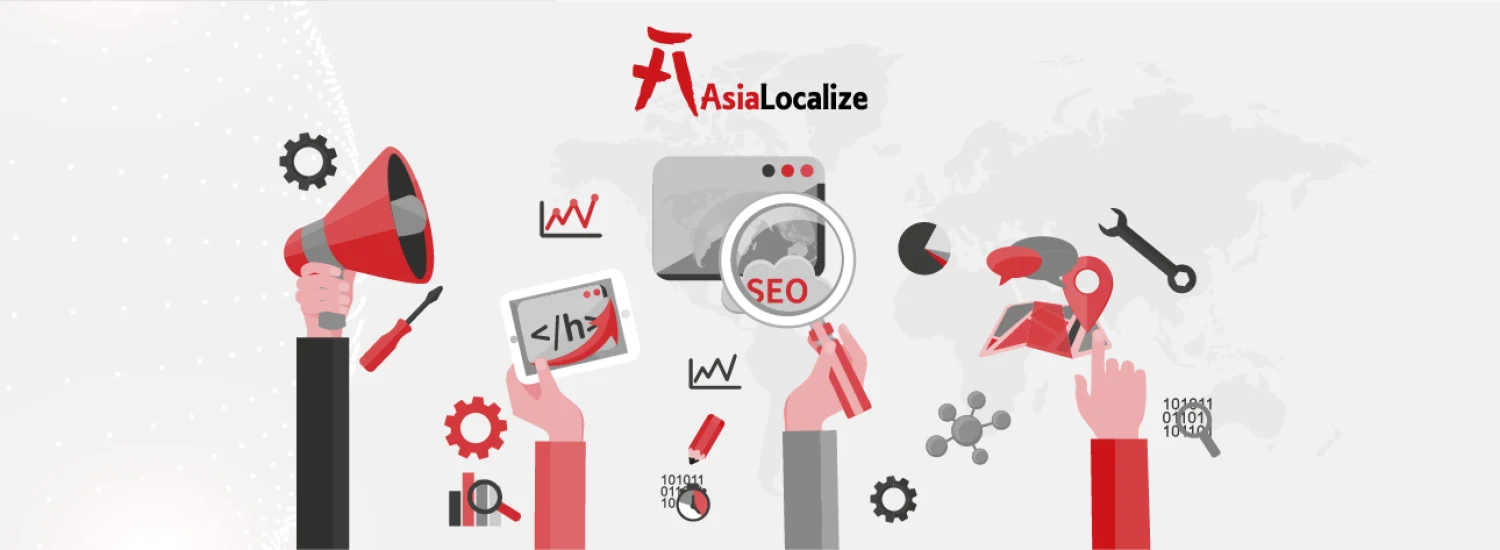 International SEO illustration with tools, charts and hands optimizing a website for global search visibility