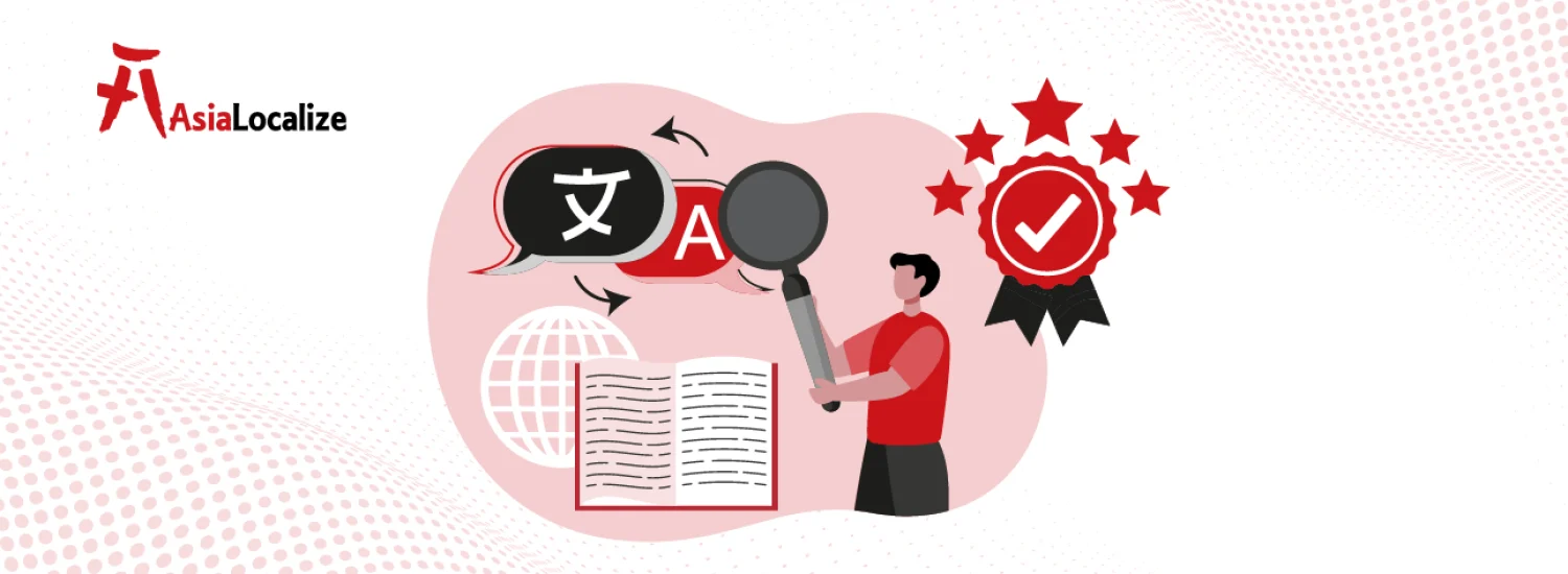 Linguistic quality assurance for translated documents, shown with a reviewer and quality seal.