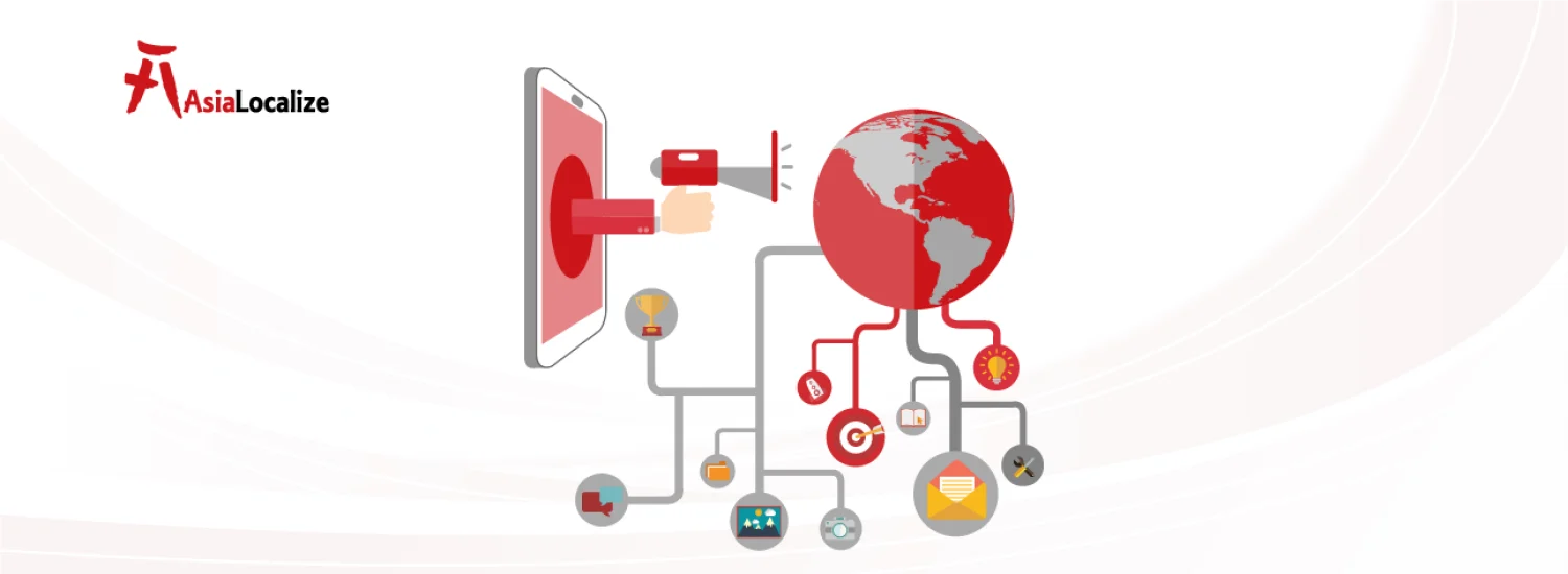 International marketing illustration with smartphone megaphone, globe, and connected icons for channels and campaigns