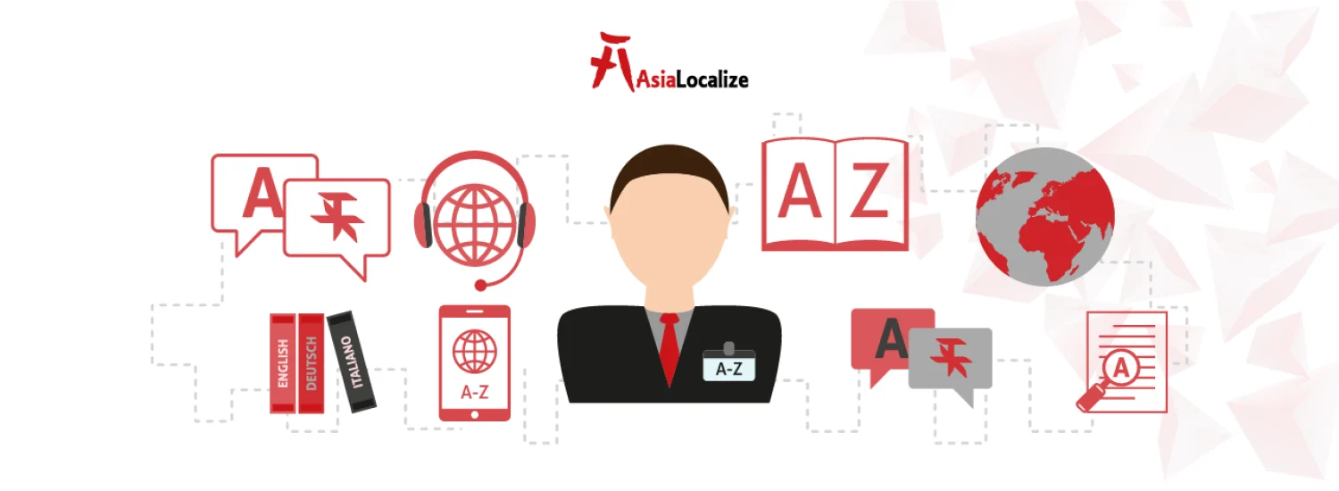 Translation and localization icons around linguist avatar with chat bubbles, glossary book, headset, and globe