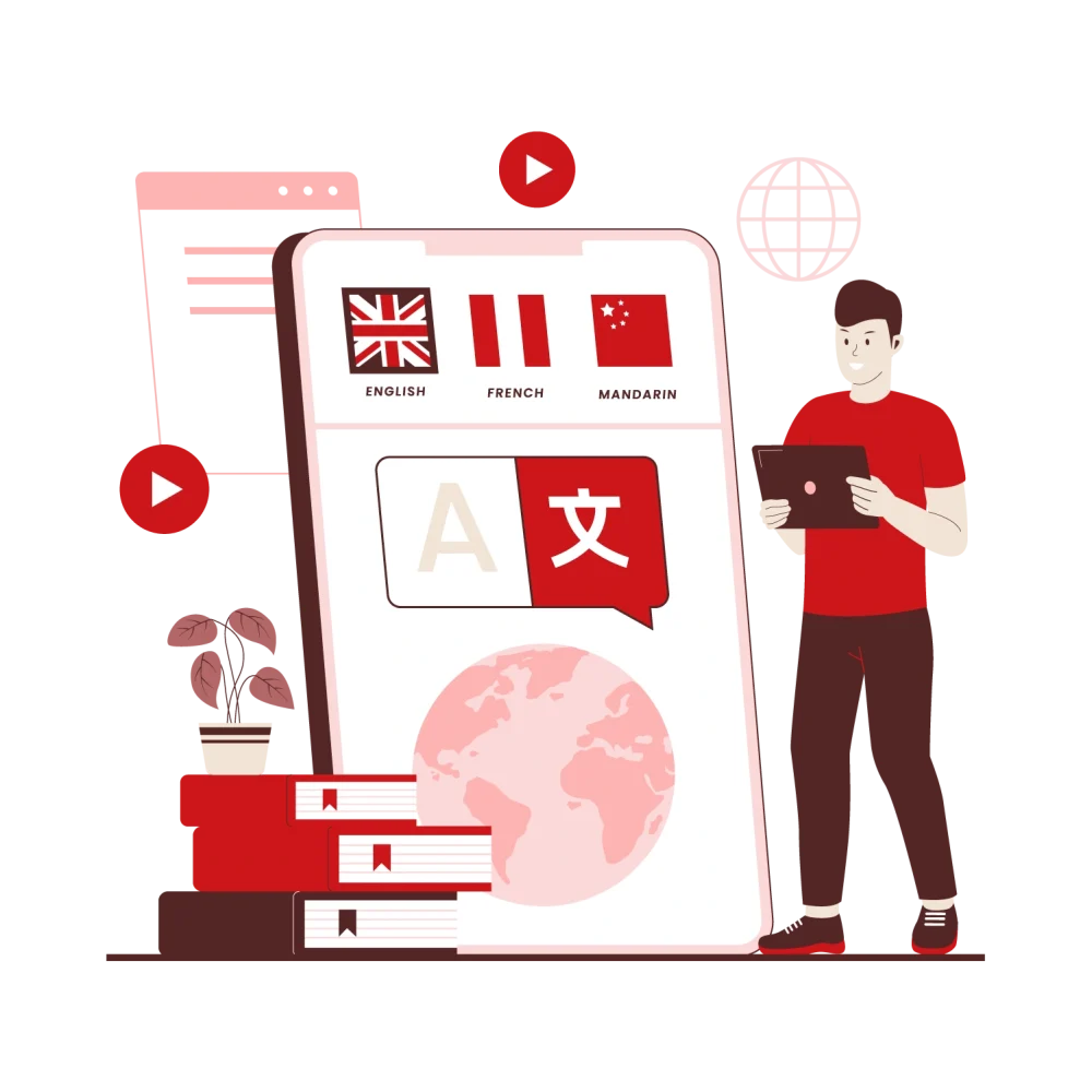 Cultural adaptation for retail—tablet with English, French, Mandarin flags and a globe