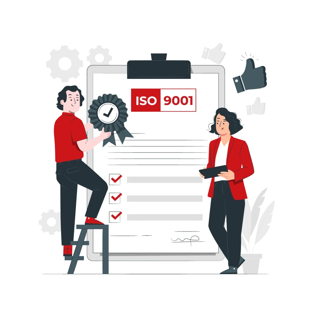 ISO 9001–certified retail translation quality—team with checklist and approval badge on clipboard