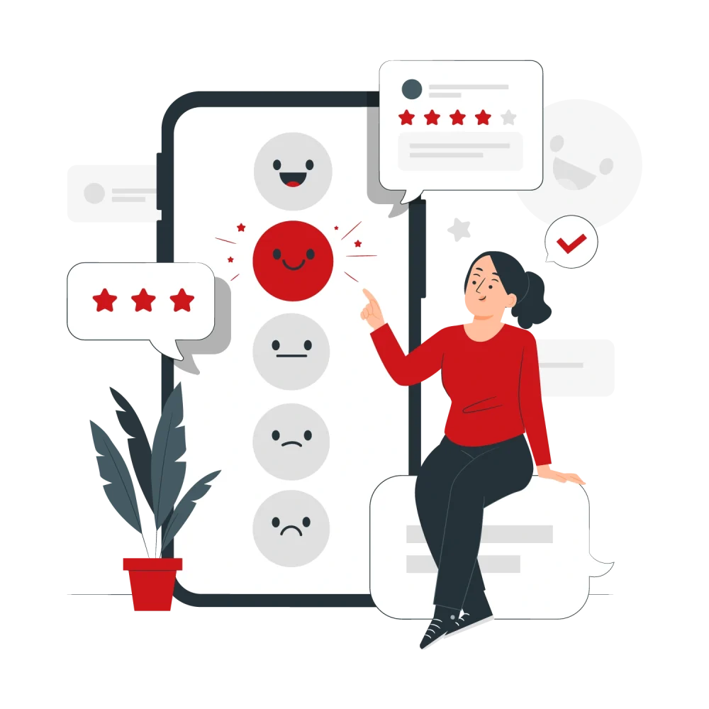 Localized customer experience—ratings and reviews on a phone with a smiling face indicator