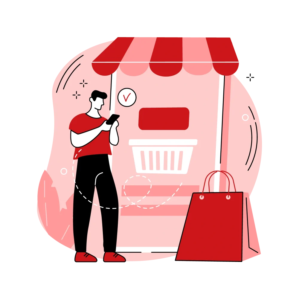 Shopper using phone by storefront and bag—why retail translation and localization matter