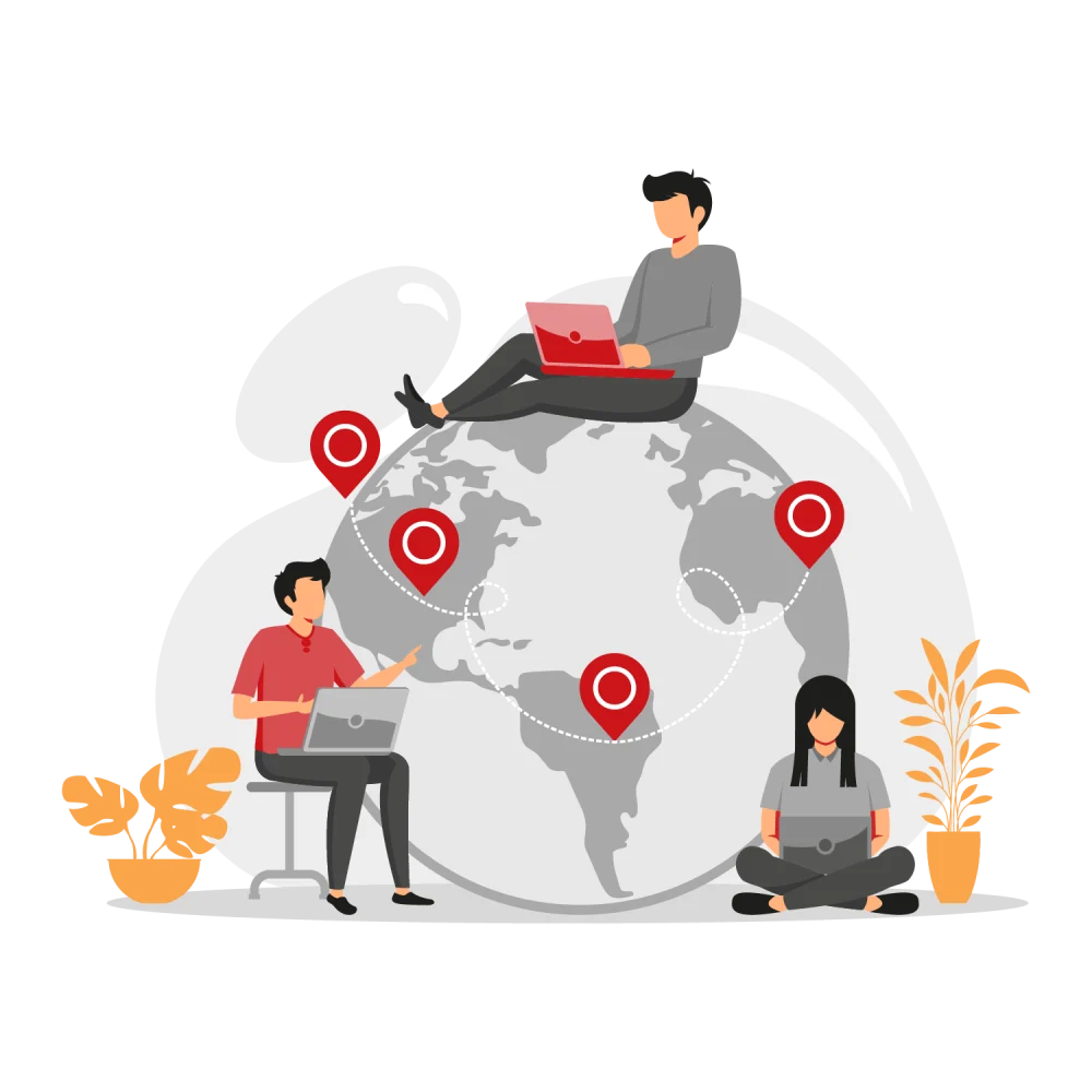 Remote team collaborating around a globe with location pins, representing localization delivery