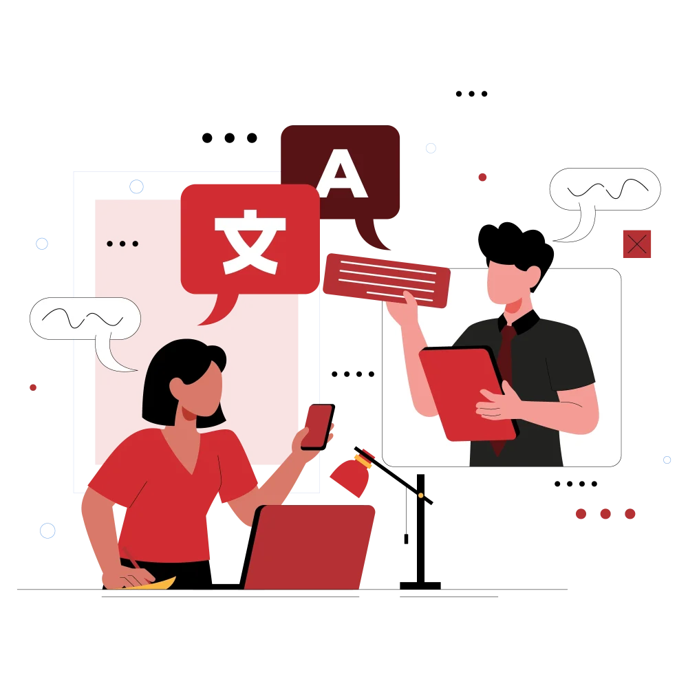 Two translators on a video call with language icons, reviewing text for accurate publishing translation.