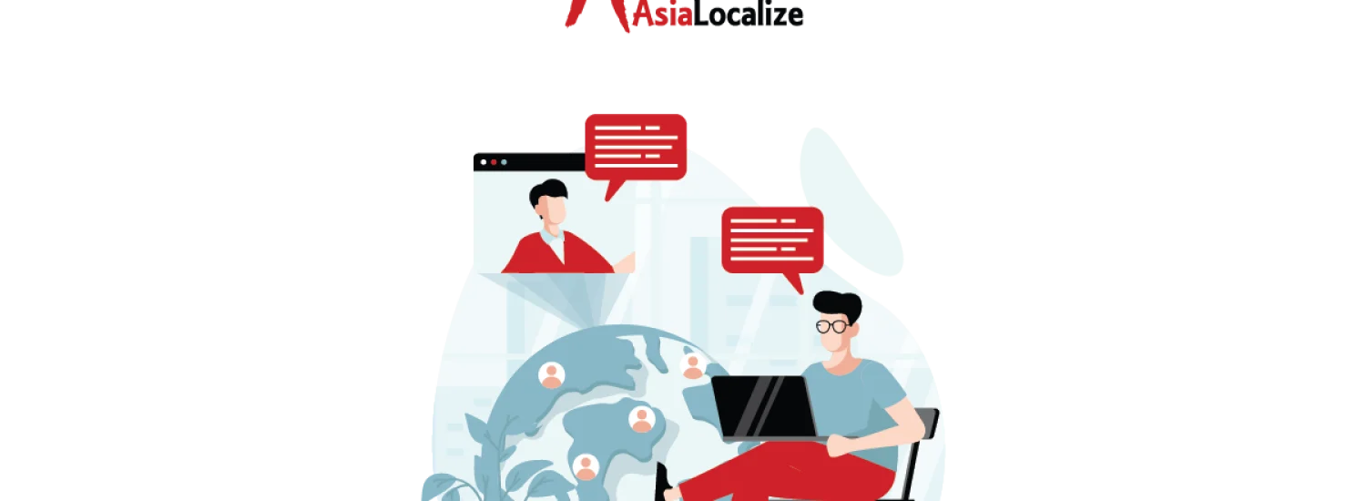 Illustration of a global translation team collaborating online with chat messages and a laptop.