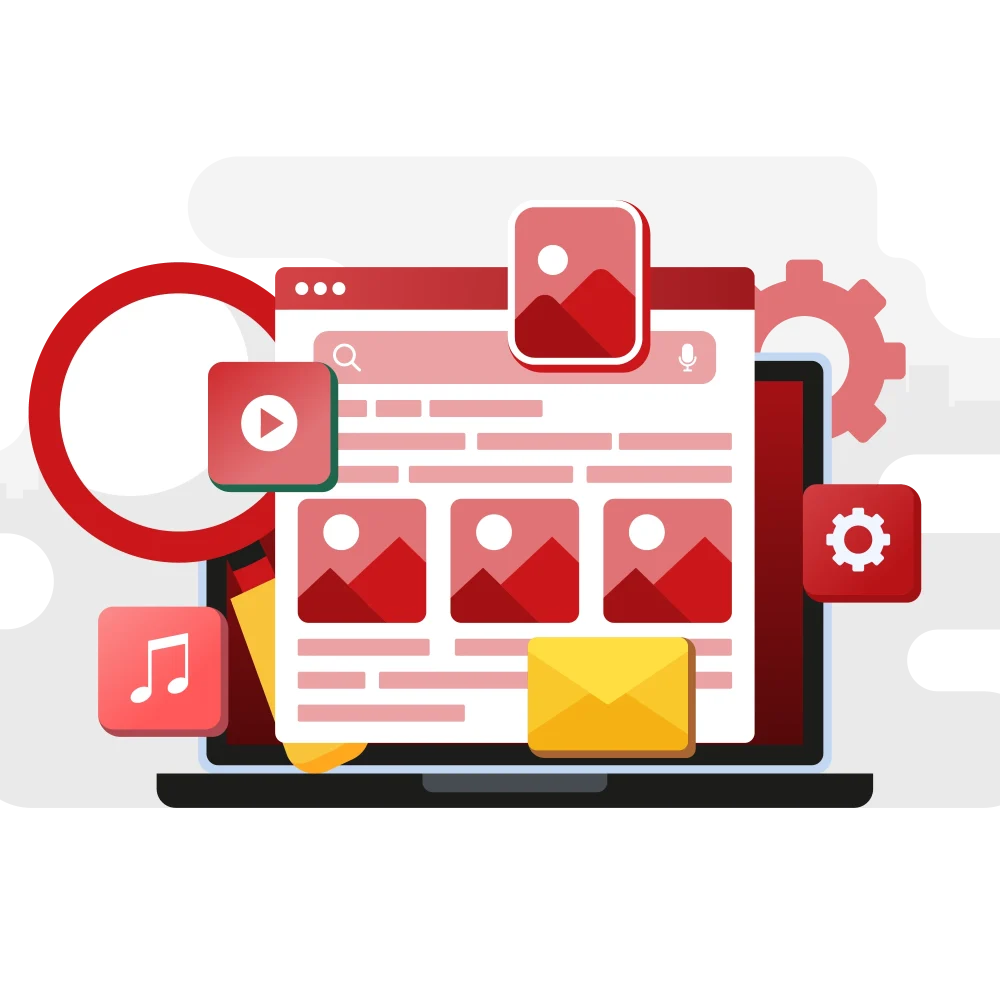 Web layout with images and media icons—digital ad copy Transcreation Services workflow.