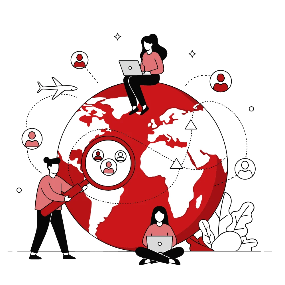 Team around a world map with magnifying glass—global brand launch and market research.