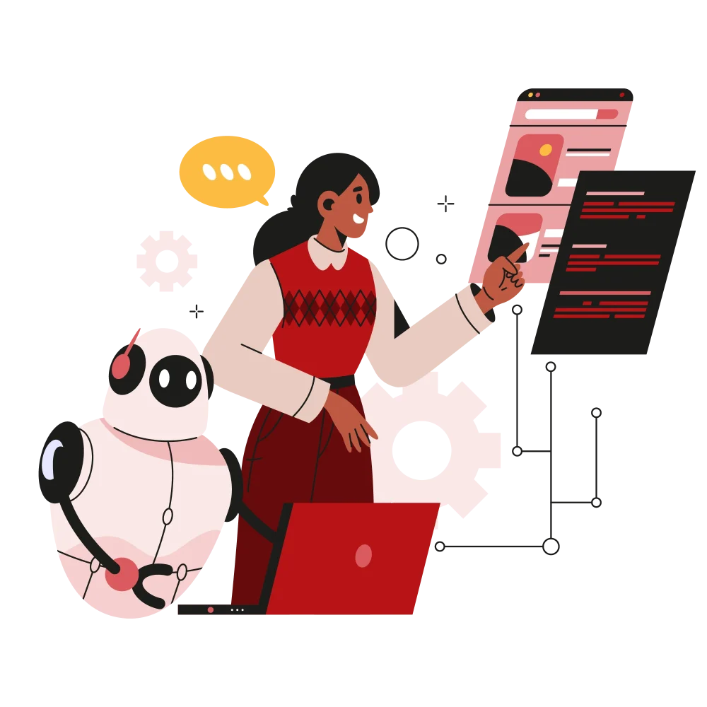 Human translator collaborating with AI assistant to optimize UI and content localization workflows.