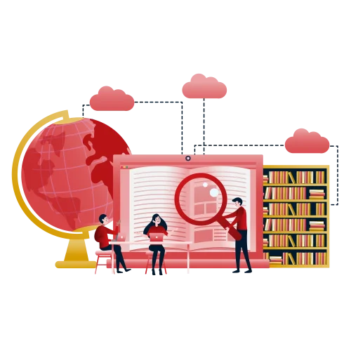 Team researching on an open book with globe, cloud links, and magnifying glass, illustrating ISO 17100 publishing translation.