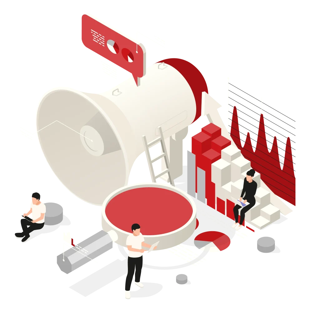 Transcreation Services with Marketing analytics with giant megaphone and charts—campaign adaptation and transcreation.