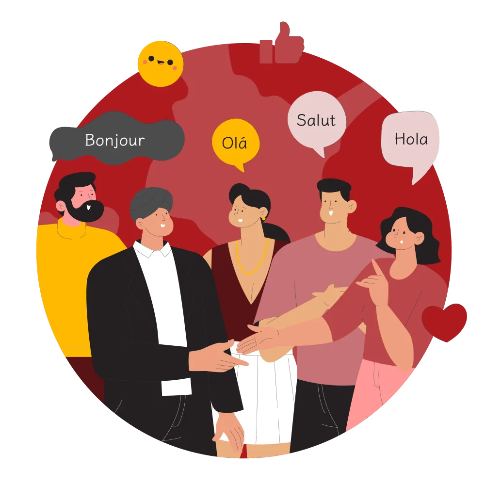 Diverse group greeting in multiple languages—Bonjour, Olá, Salut, Hola—showing community engagement and localization.
