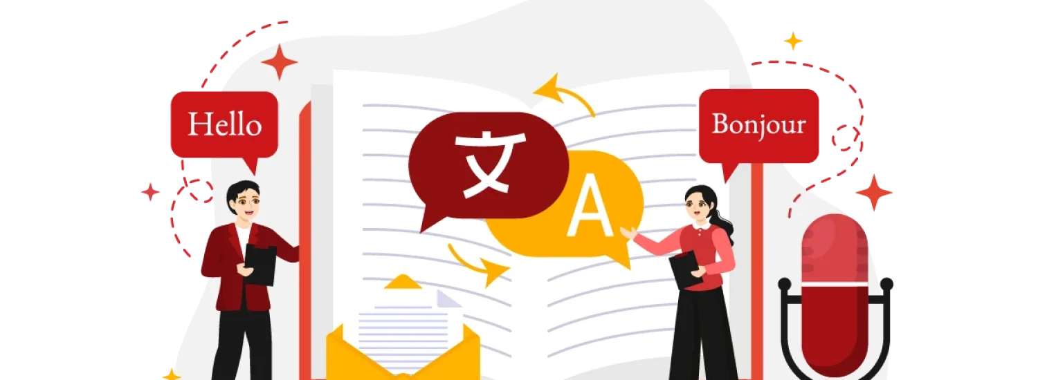 Localization and translation with open book, Hello/Bonjour bubbles, and microphone for multilingual content