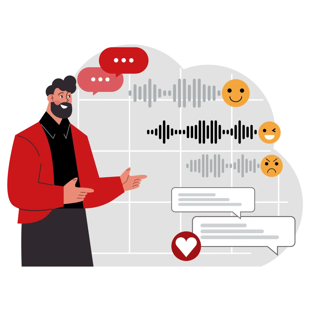 Linguist analyzing tone with waveforms and emojis—native-sounding copy and brand voice localization.